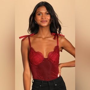 Romance Ritual Wine Red Velvet Lace Tie-Strap Bustier Bodysuit